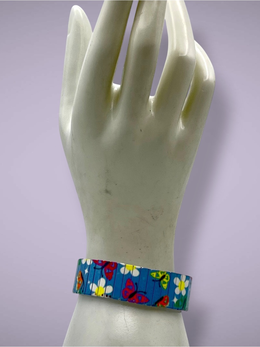 Vtg Blue Floral and Butterfly Stainless Steel Stretch Panel Expansion.Bracelet